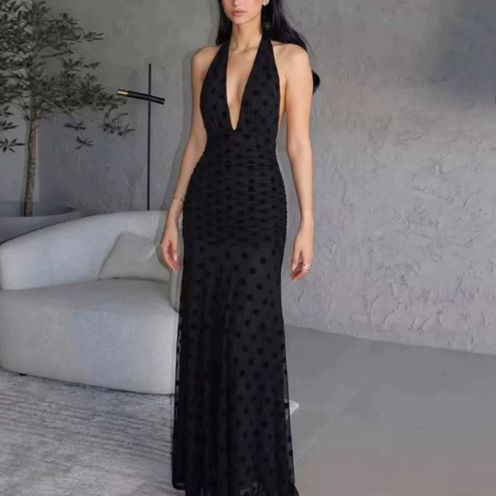 Damen Elegantes Maxikleid mit tiefem V-Ausschnitt und filigranen Rüschen Drune