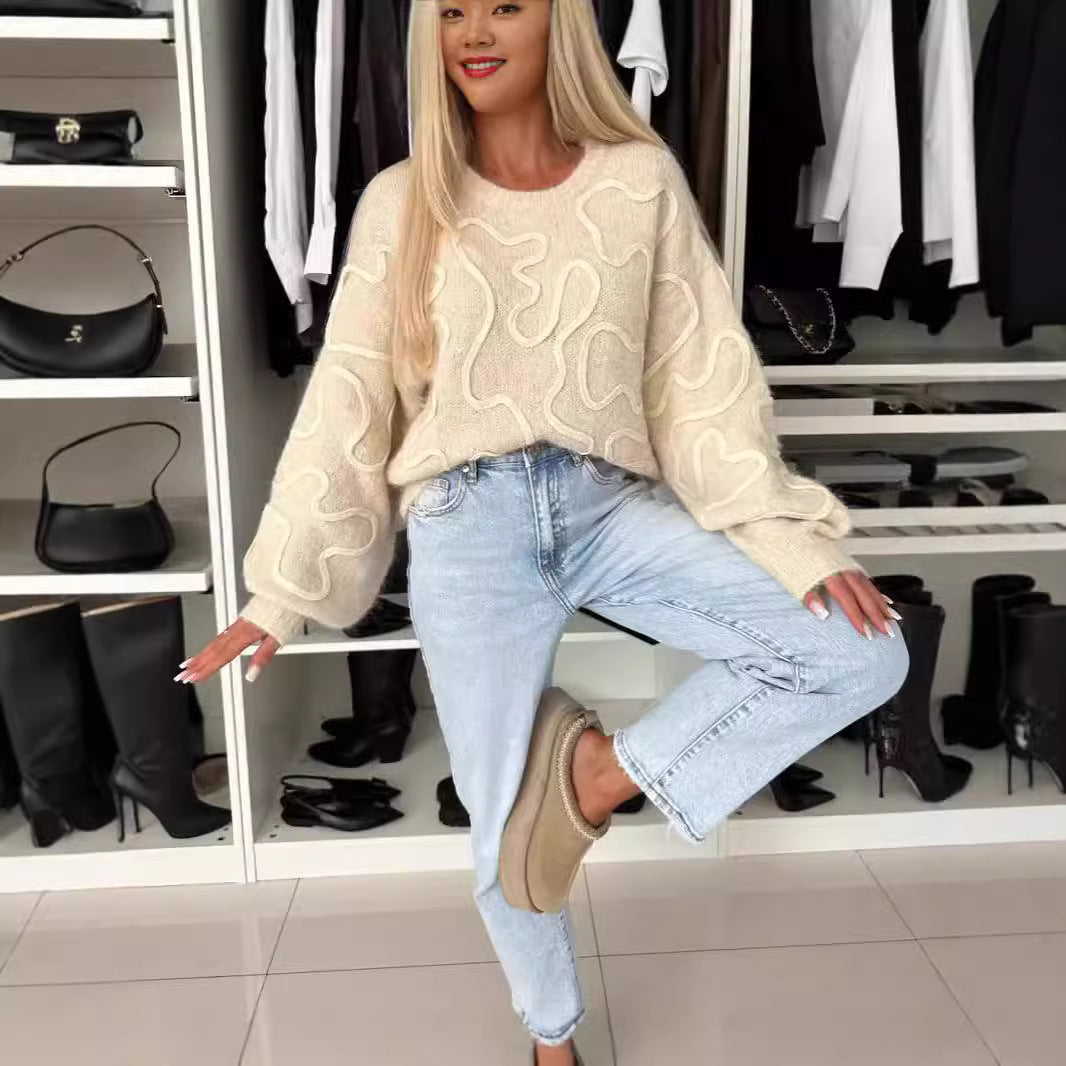 Damen gemütlicher Strickpullover mit künstlerischem Muster Drune