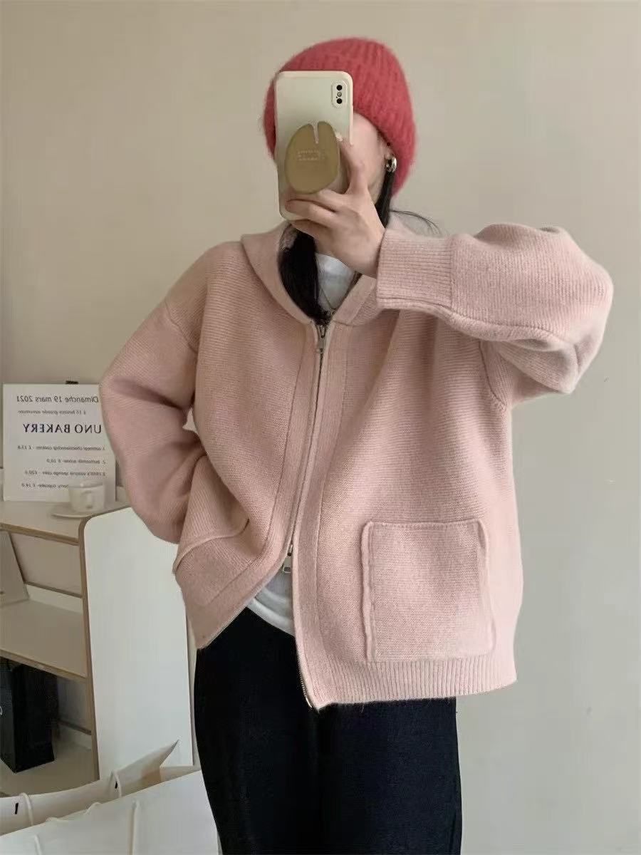 Damen Casual Oversized Strickjacke mit Kapuze und Taschen Drune
