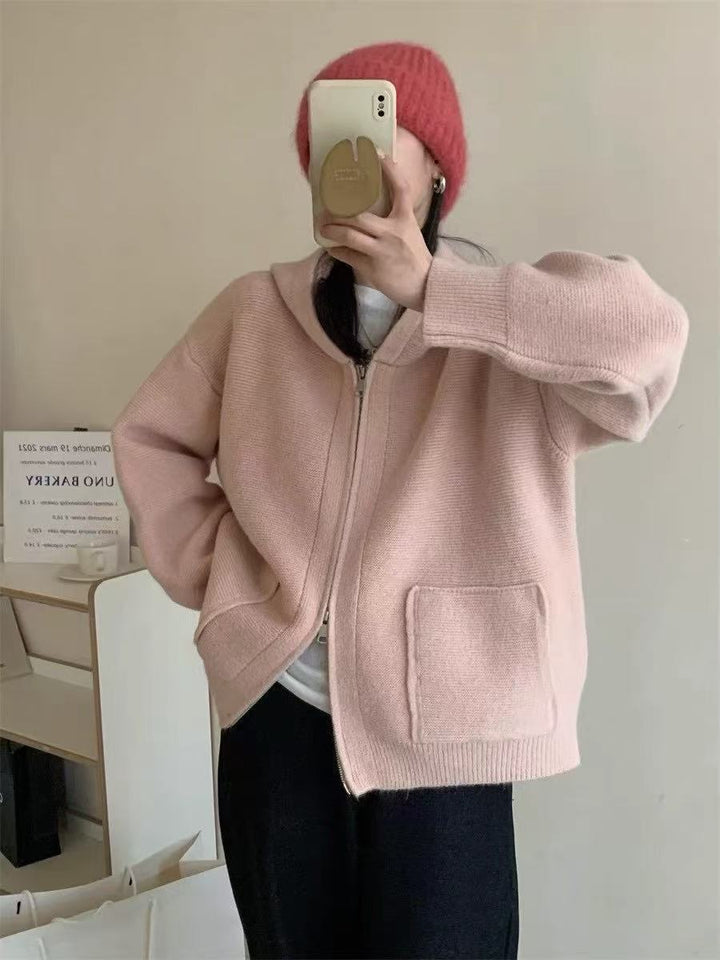 Damen Casual Oversized Strickjacke mit Kapuze und Taschen Drune