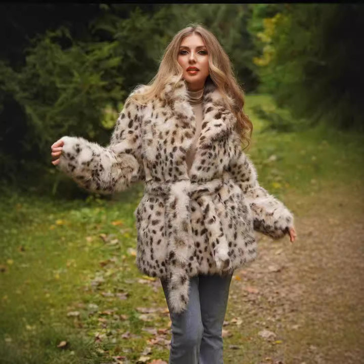 Damen Glamouröse Kunstpelzjacke mit Gürtel Drune