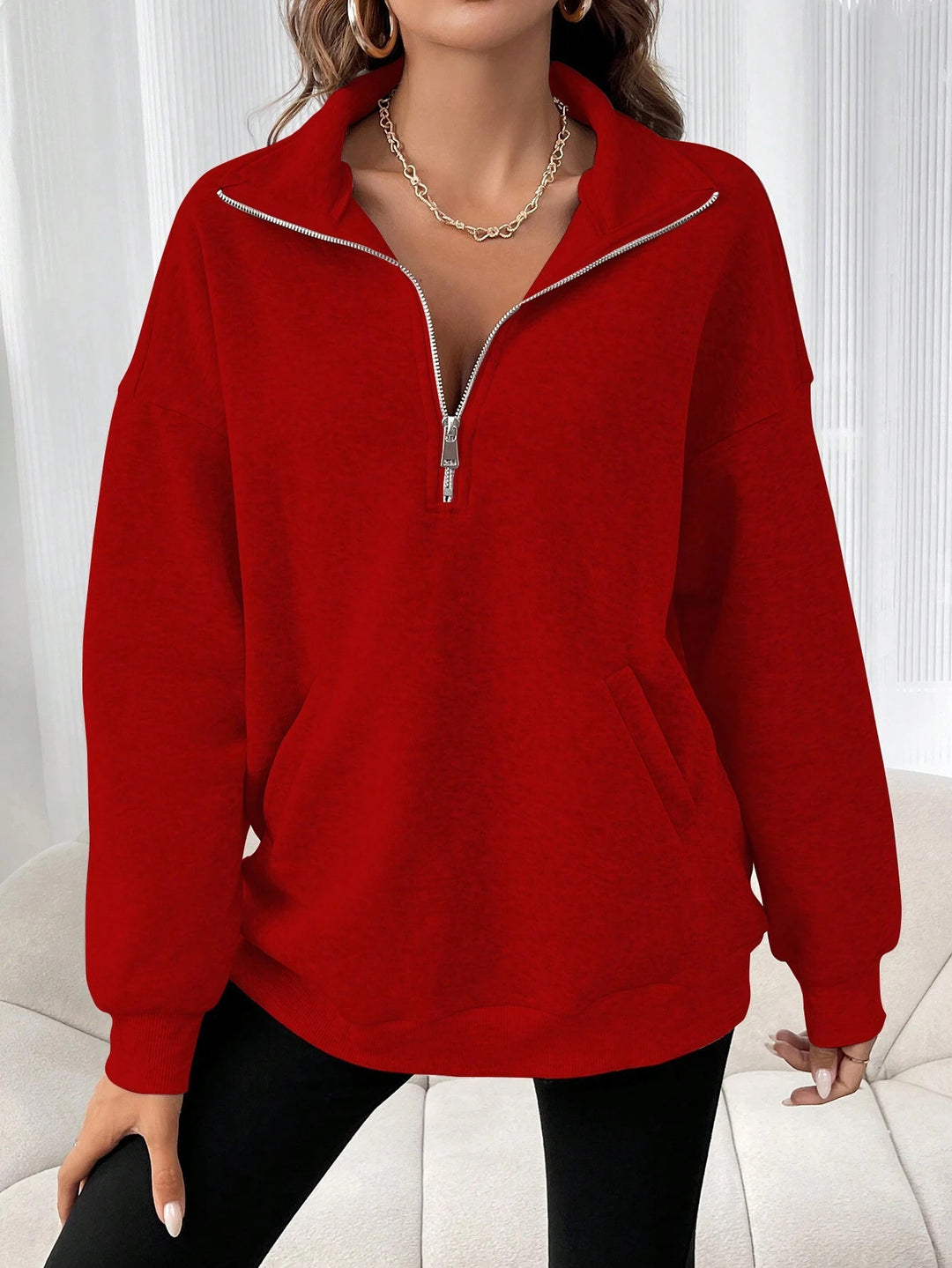Damen lässiger Sweatpulli mit halbem Reißverschluss und Seitentaschen Drune