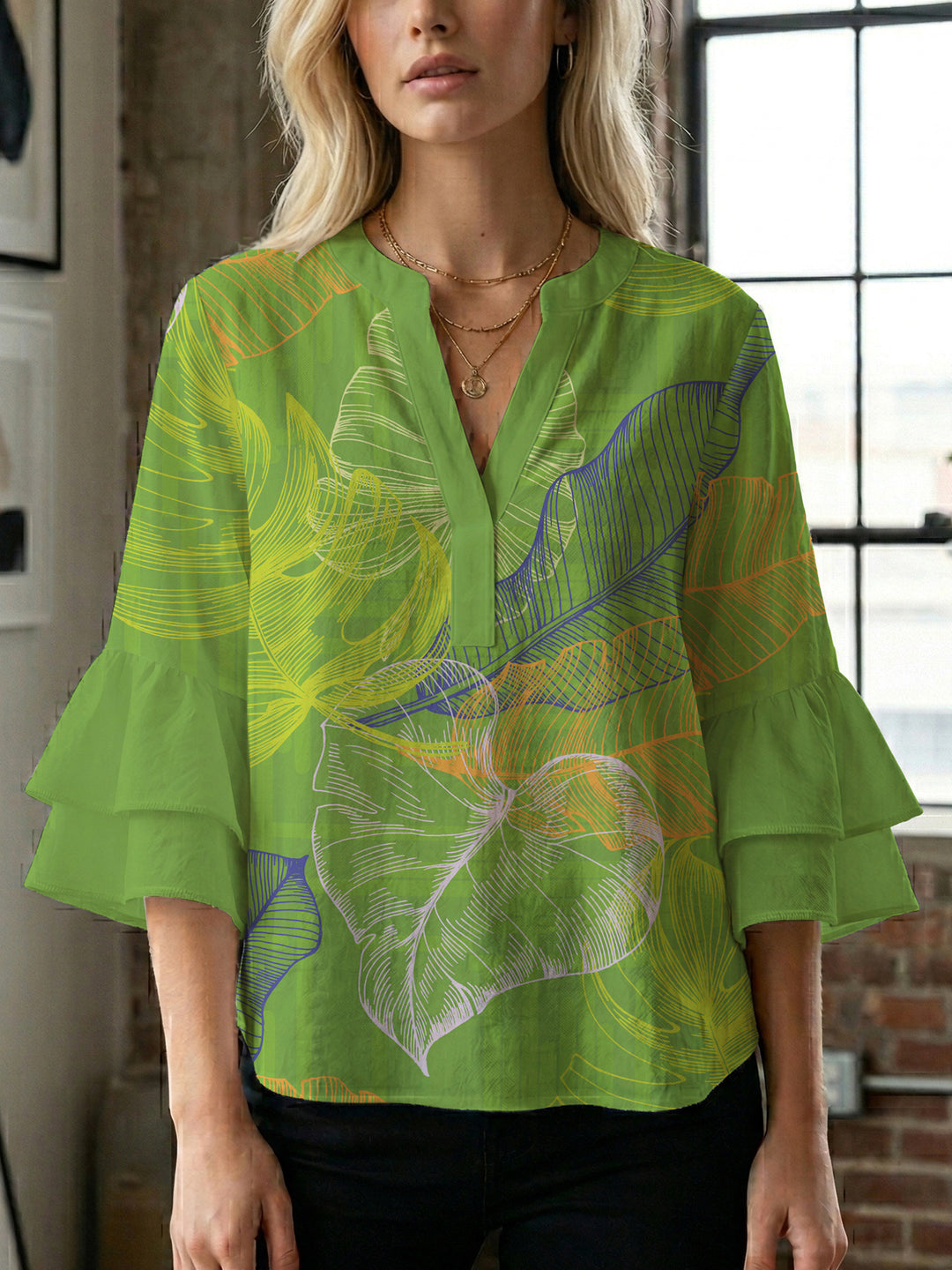 Damen Bluse mit voluminösen Rüschenärmeln und floralem Druck Drune