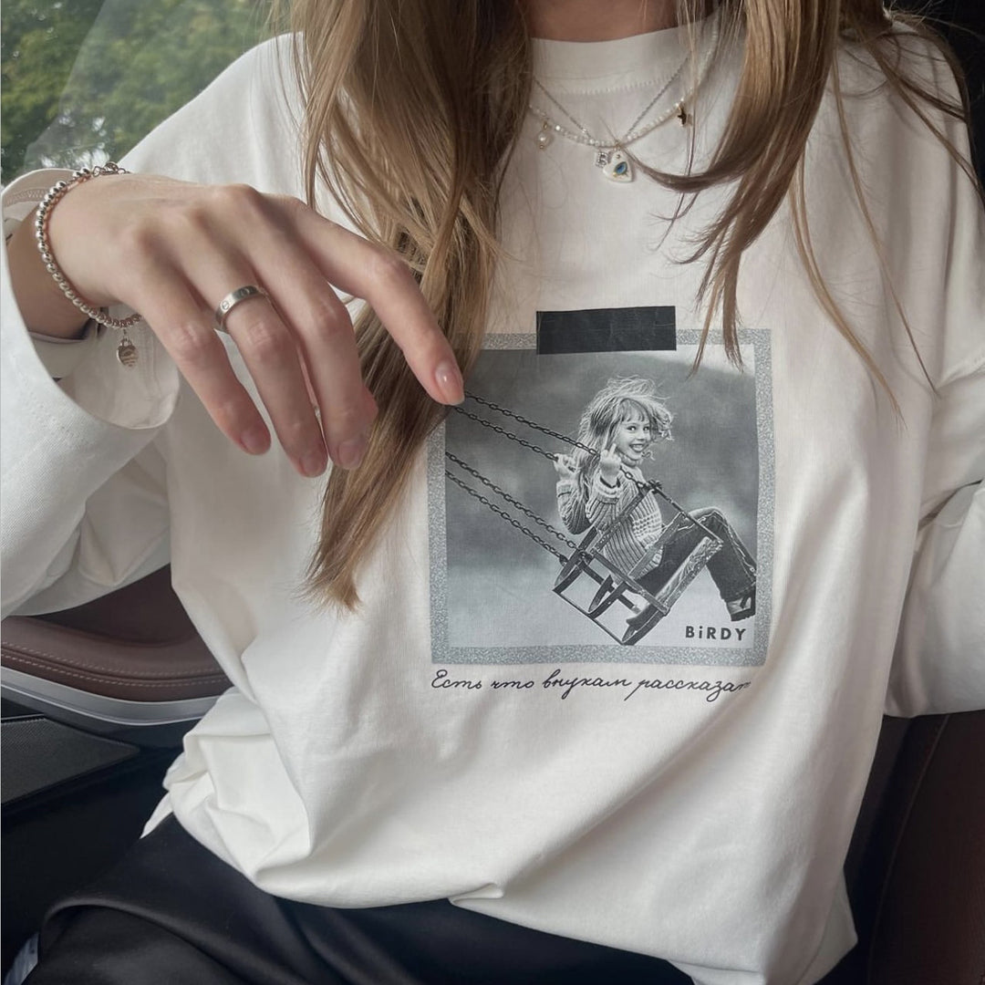 Damen Elegantes Oversized-T-Shirt mit grafischem Print und langen Ärmeln Drune