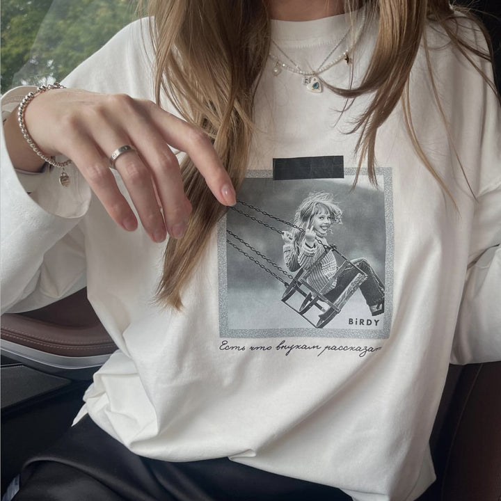 Damen Elegantes Oversized-T-Shirt mit grafischem Print und langen Ärmeln Drune