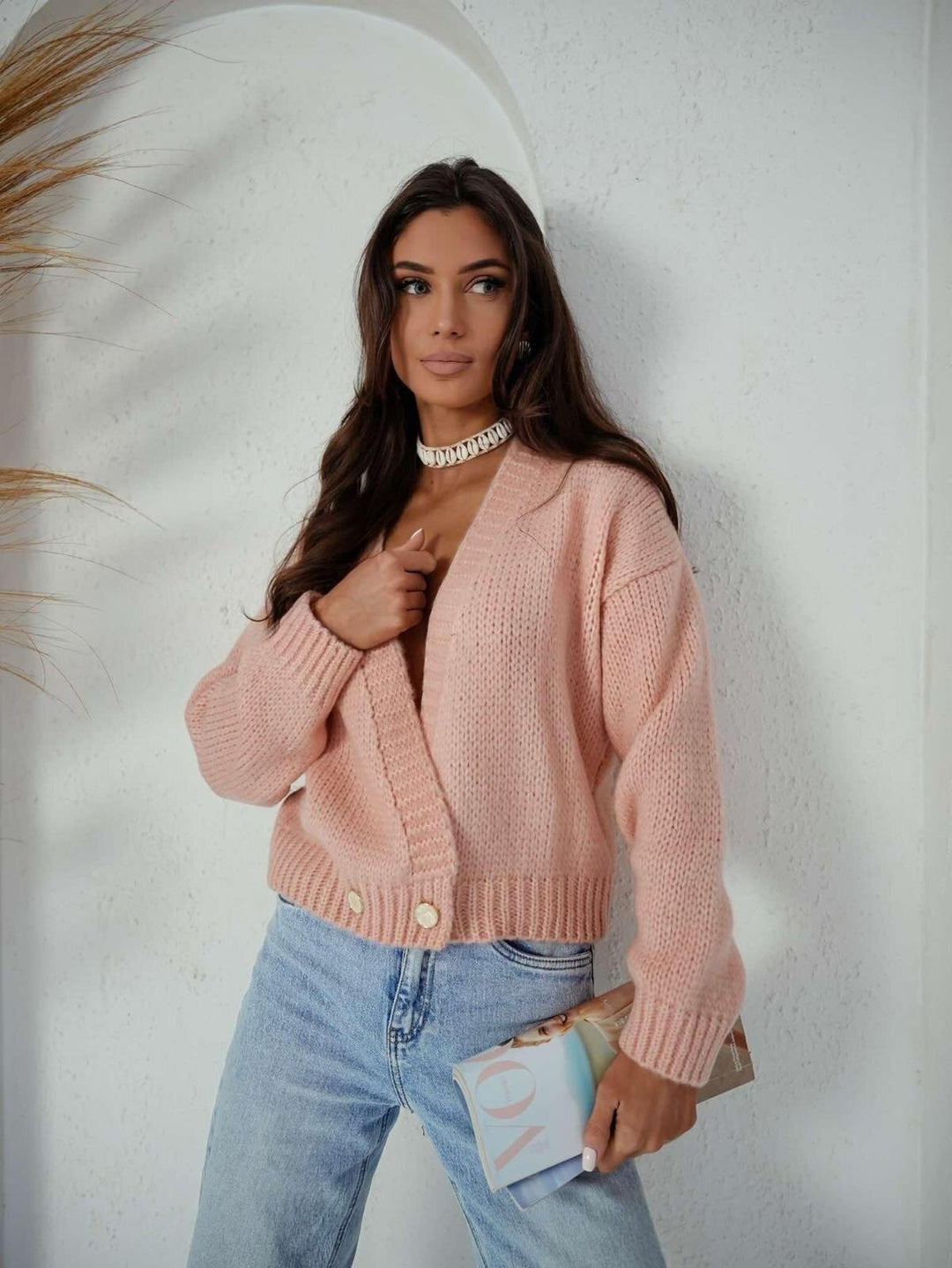 Damen kuschelige Strickjacke mit lockerer Passform und tiefem V-Ausschnitt Drune