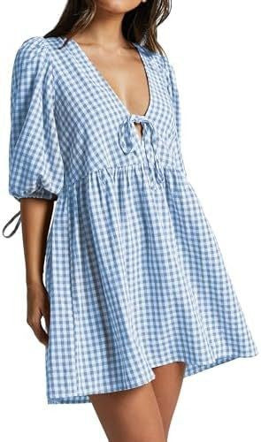 Damen Freizeitkleid mit V-Ausschnitt und Puffärmeln Drune