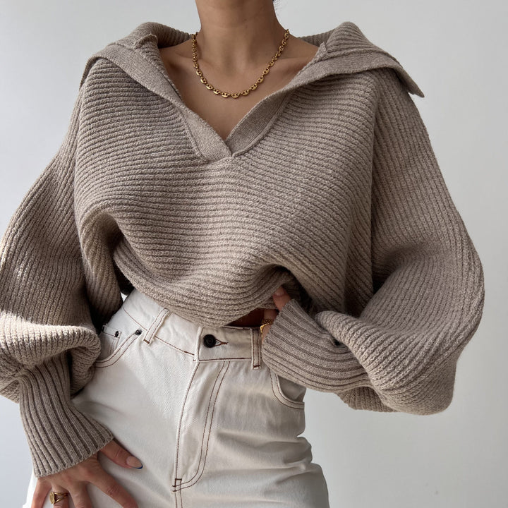 Damen nan Grobstrick-Pullover mit weitem Kragen und V-Ausschnitt Drune