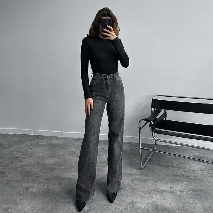 Damen Jeans im modischen Schlangenmuster mit hohem Bund und geradem Schnitt Drune