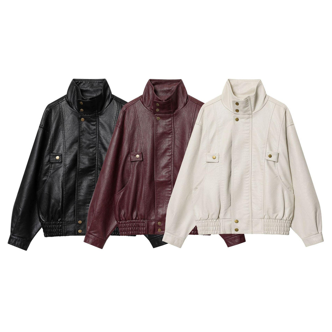 Damen Kunstlederjacke mit hohem Kragen und praktischen Taschen Drune