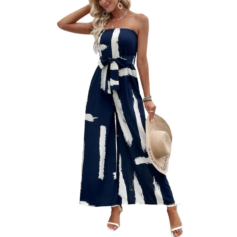 Damen schulterfreier Jumpsuit mit weitem Bein und modischem Bindegürtel Drune