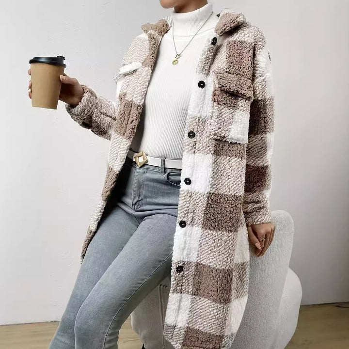 Damen Teddy-Pulloverjacke mit kariertem Muster und praktischen Taschen Drune