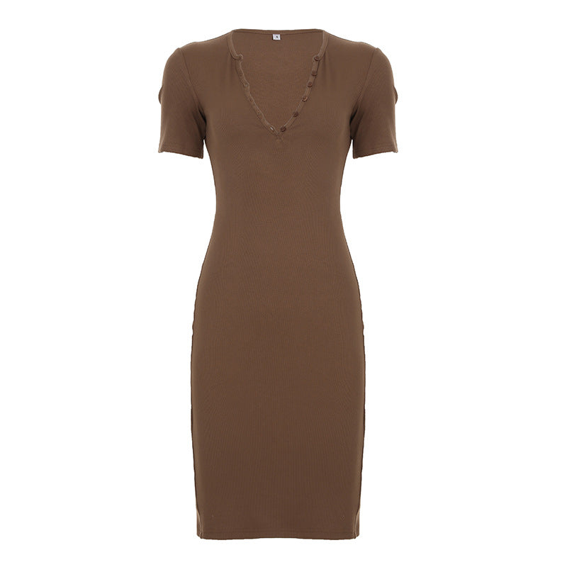 Damen figurbetontes Maxi-Kleid mit Knopfdetails und V-Ausschnitt Drune