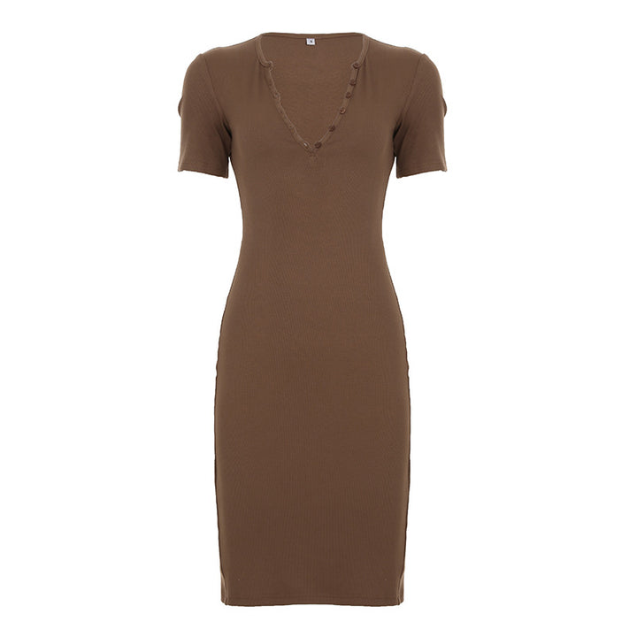 Damen figurbetontes Maxi-Kleid mit Knopfdetails und V-Ausschnitt Drune