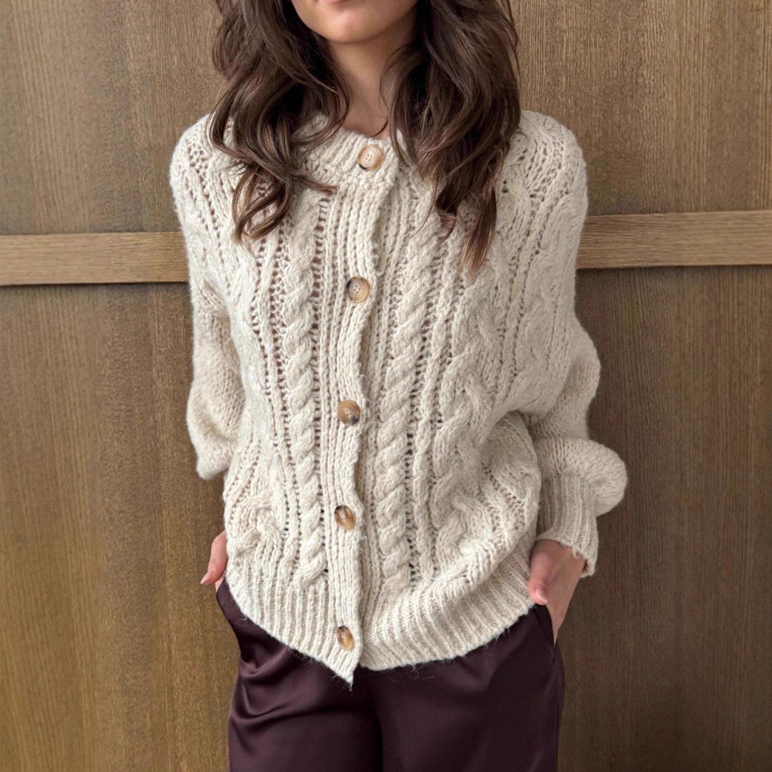 Damen Grobstrickjacke mit voluminösen Ärmeln und großen Knöpfen Drune