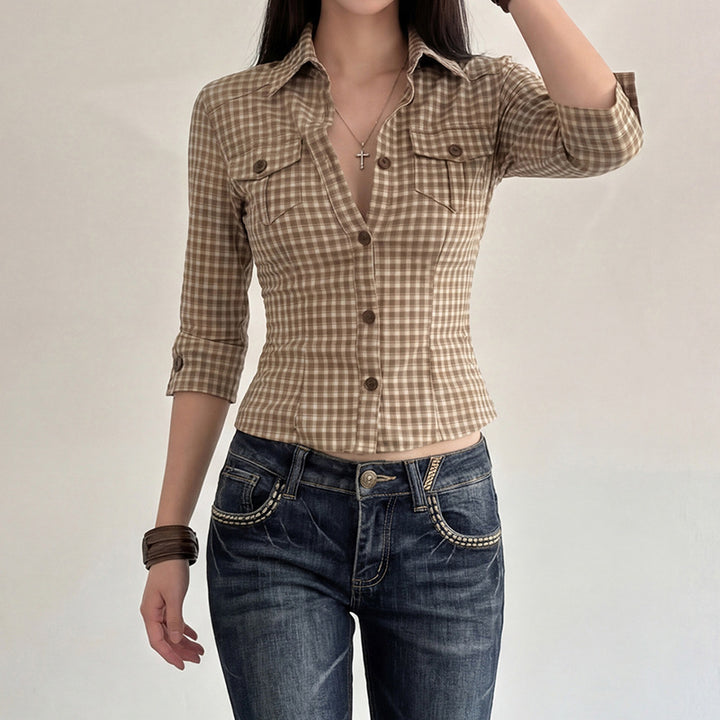 Damen Karierte Bluse mit tailliertem Schnitt und Brusttaschen Drune