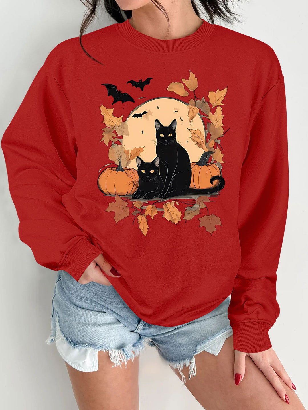 Damen Sweatshirt mit herbstlichem Katzen- und Kürbisdesign Drune