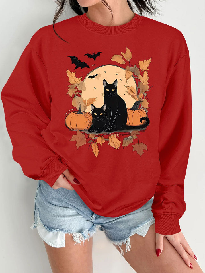 Damen Sweatshirt mit herbstlichem Katzen- und Kürbisdesign Drune