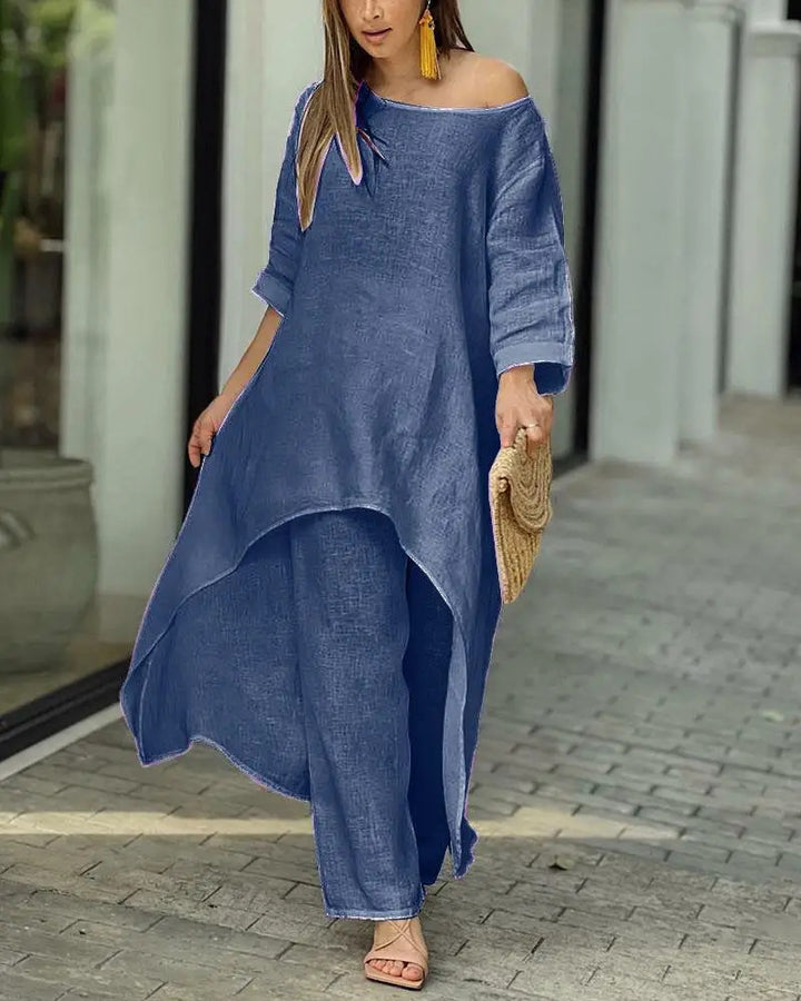 Damen nan weit geschnittenes Leinenzweiteiler Set mit asymmetrischer Tunika und lockeren Marlene-Hose Drune