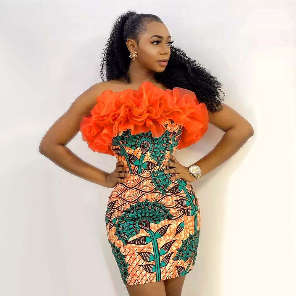 Damen figurbetontes Kleid mit voluminösen Rüschen Drune