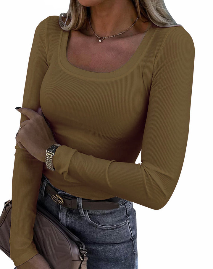 Damen Langarm Ripp-T-Shirt mit elegantem U-Boot-Ausschnitt Drune