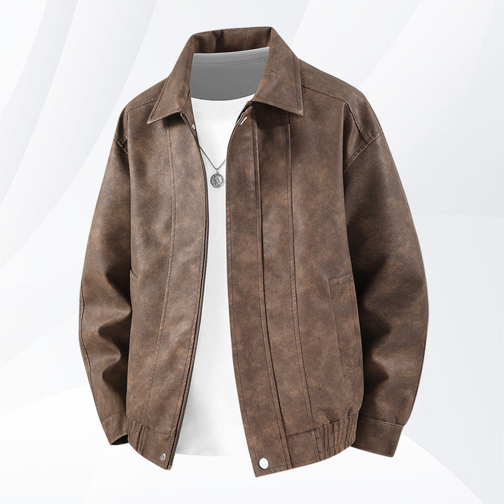 Männer's  distressed Kunstleder Zip-Vorderseite Kragenjacke mit elastischem Saum und gefütterten Taschen Drune