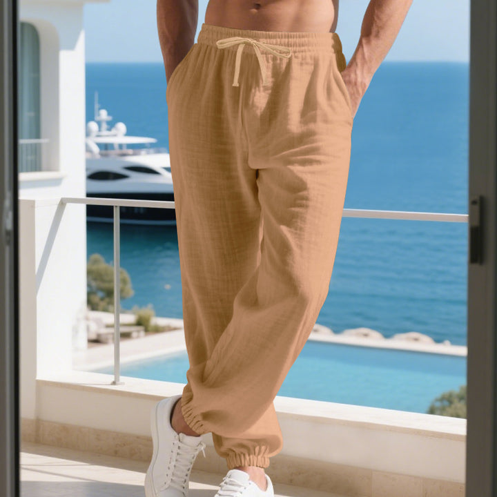 Herren nan leichte Leinen-Baumwoll Loungehose mit elastischem Tunnelzug, seitlichen Eingrifftaschen und elastischen Beinabschlüssen Drune