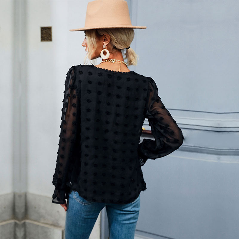 Damen luftige Bluse mit Rüschendetails und dekorativem Punkte-Design Drune
