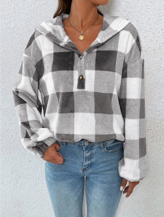 Damen Oversized Karo-Hoodie mit Knopfleiste und breiten Ärmeln Drune