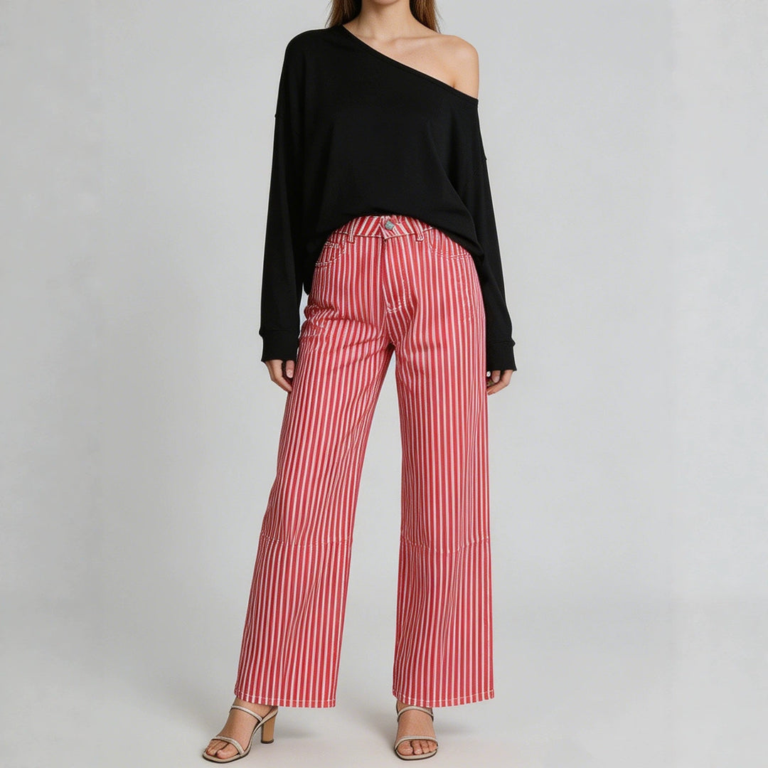 Damen nan weite High-Waist Palazzohose mit vertikalen Streifenoptik und abgesteppten Kniepartien Drune