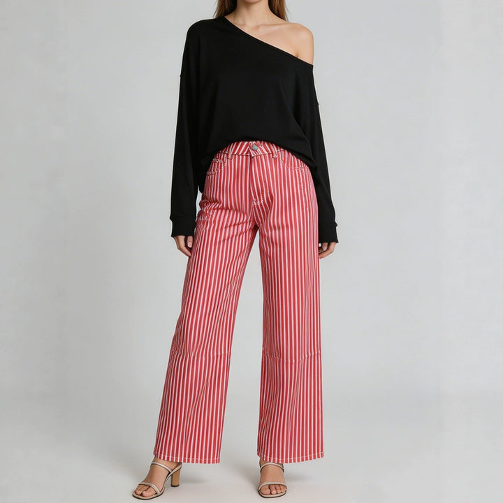 Damen nan weite High-Waist Palazzohose mit vertikalen Streifenoptik und abgesteppten Kniepartien Drune