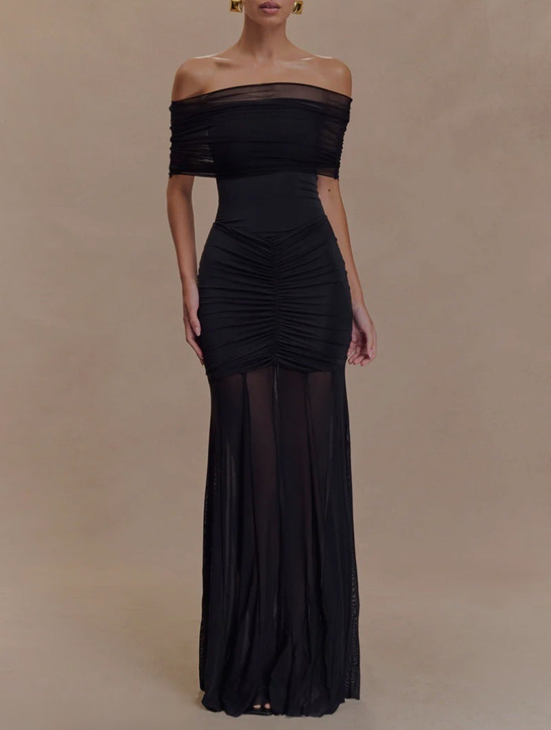 Damen nan schulterfreies Zweiteiler-Abendkleid mit gerafftem Minikleid und transparentem Bodenrock Drune