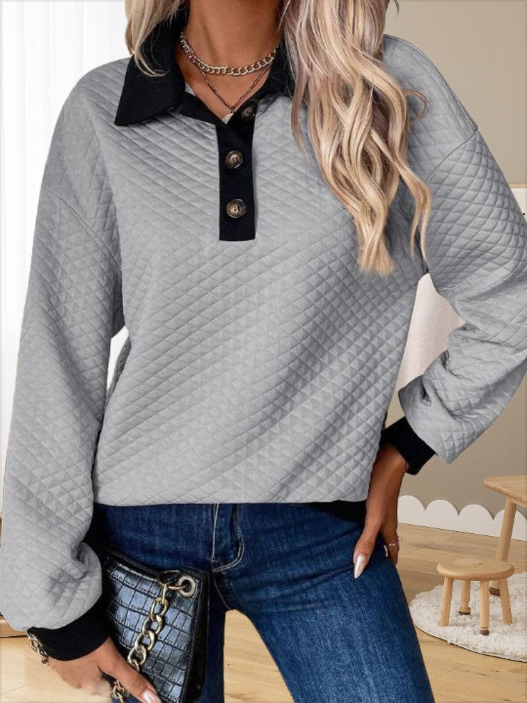 Damen lässiger Sweatpullover mit strukturiertem Kragen und Knopfleiste Drune