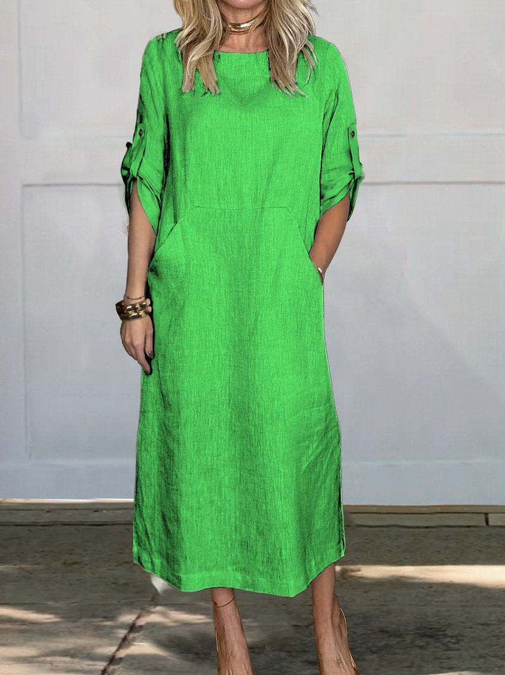 Damen Lässiges Leinen-Midikleid mit Seitentaschen und umschlagbaren Ärmeln Drune