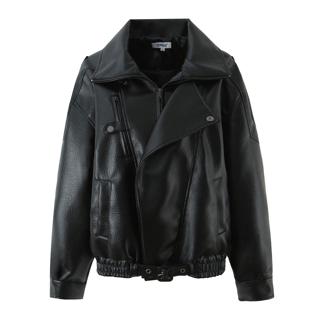 Damen lässige Kunstleder Bikerjacke mit praktischen Taschen und elastischem Bund Drune