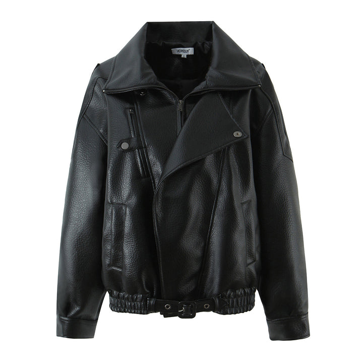 Damen lässige Kunstleder Bikerjacke mit praktischen Taschen und elastischem Bund Drune