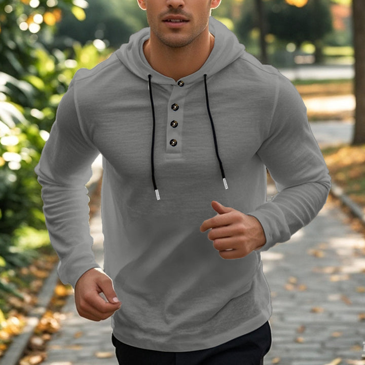 Herren nan athletisches Henley-Kapuzenpullover mit knöpfbarer Brustleiste, kontrastierenden Zugbändern und körpernaher Stretch-Passform Drune