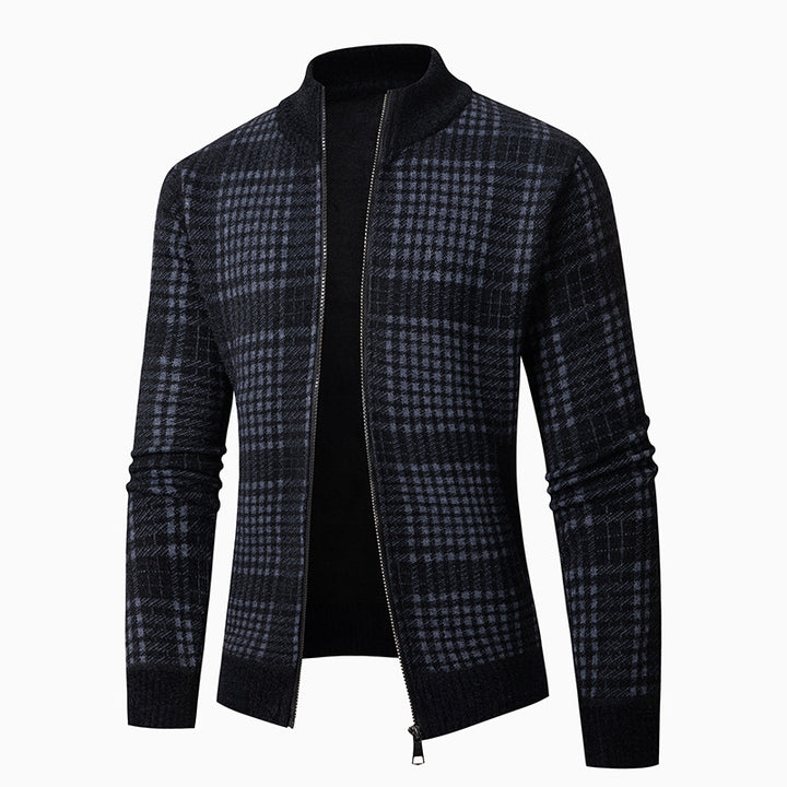 Herren modische Strickjacke mit modernem Karomuster und hohem Kragen Drune