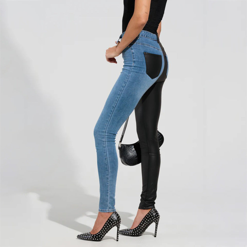 Damen Skinny Jeans mit kombiniertem Denim- und Leder-Look Drune
