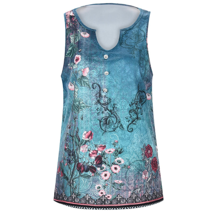 Damen ärmelloses Designoberteil mit floralen Akzenten und Knopfleiste Drune