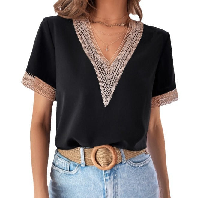 Damen Modische Bluse mit V-Ausschnitt und Spitzenbesatz Drune