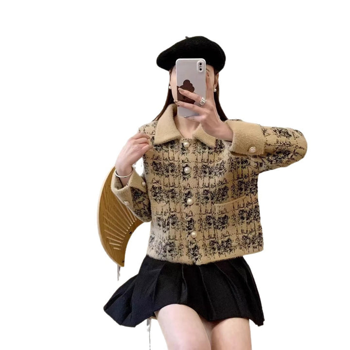 Damen Stylische Strickjacke mit Perlenknöpfen und kragen Drune
