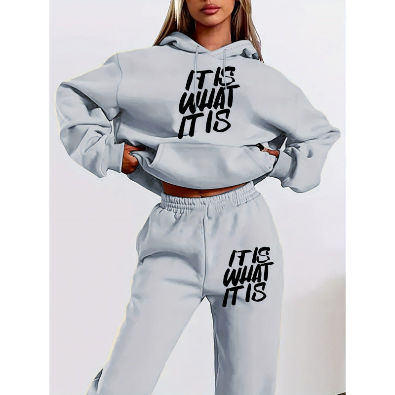 Damen Freizeit-Hoodie und Jogginghose Set mit inspirierendem Schriftzug Drune