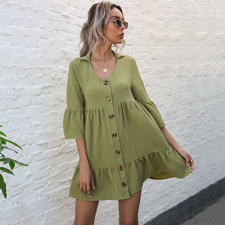 Damen lässiges Sommerkleid mit Raffungen und Knopfdetails Drune