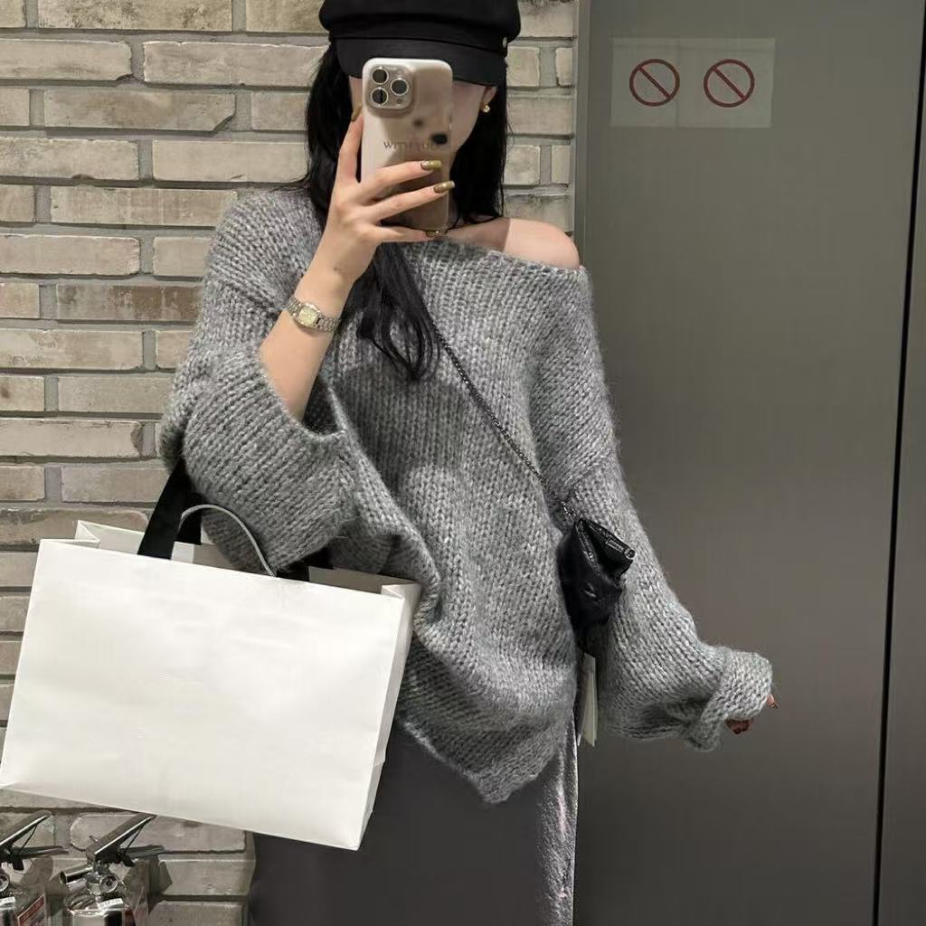 Drune | Übergröße Pullover Grobstrick Off Shoulder Langarm Freizeitfit