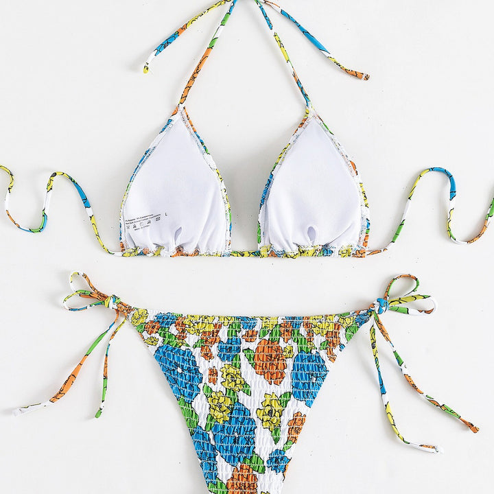 Damen Triangel-Bikini mit buntem Floral-Muster und elastischen Bindebändern Drune
