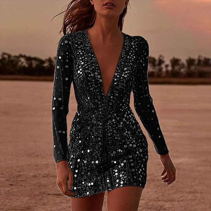 Drune | Glitzerndes Langarm-Abendkleid