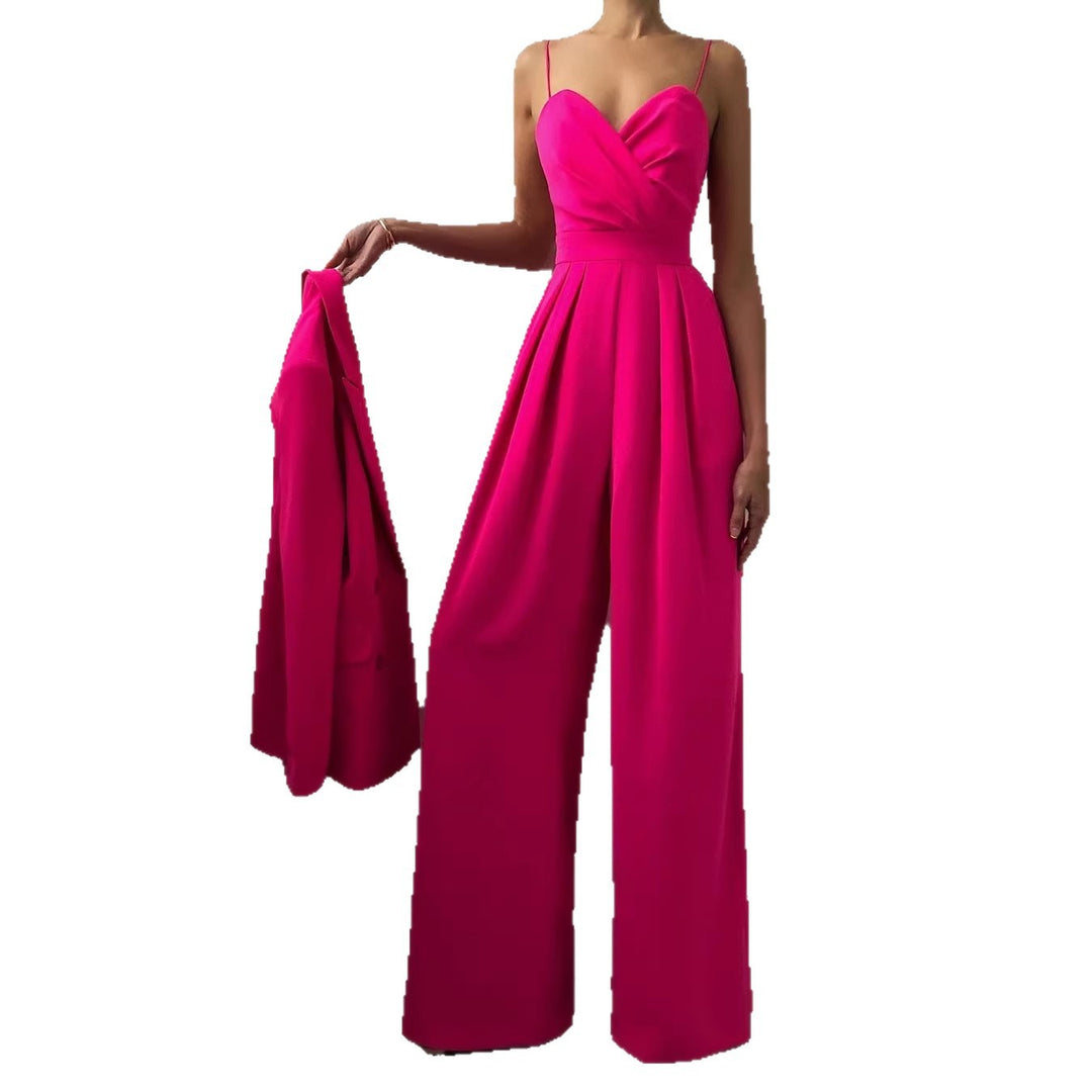 Damen eleganter Jumpsuit mit tiefem V-Ausschnitt und weiten Beinen Drune