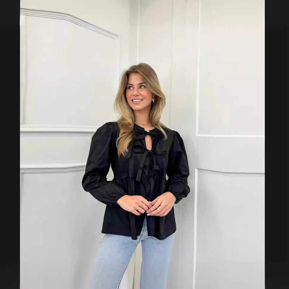 Damen elegante Bluse mit Rüschendetails und Bindeband Drune
