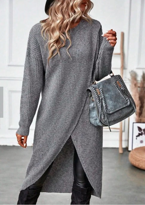 Drune Graue asymmetrische Saum Langarm-Cardigan-Kleid
